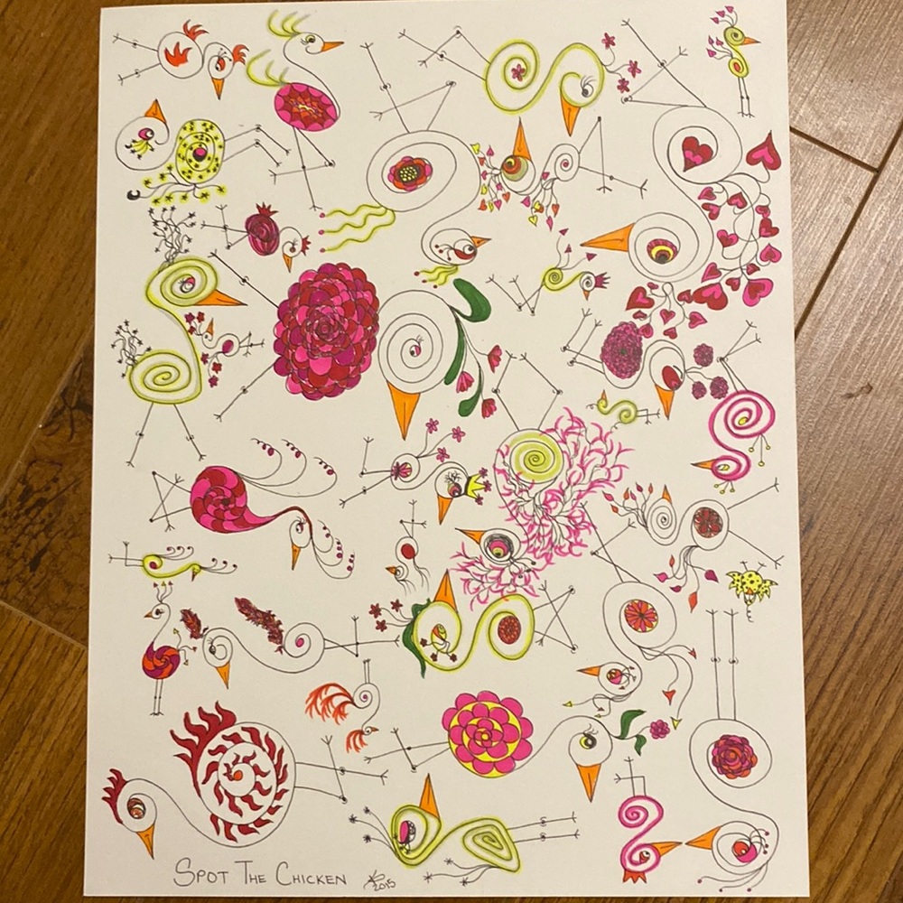 Unframed Original Art Cute Fun Drawing of Swirly Bids & 1 Hidden Chicken to Find